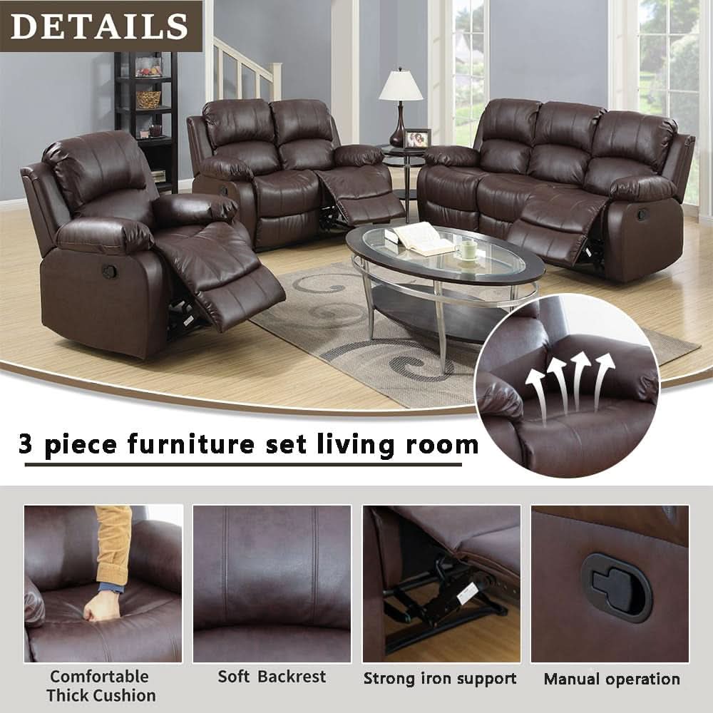 Luxurious Brown Leather 3-Piece Recliner Sofa Living Room Furniture Set