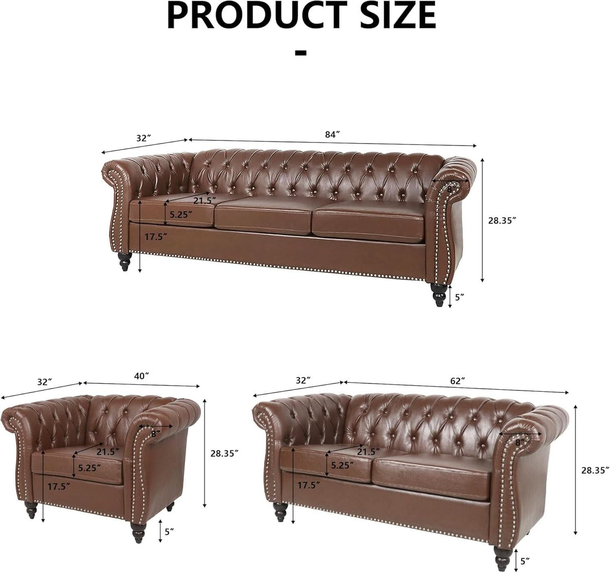 Classic 3-Piece Chesterfield Faux Leather Sofa Set with Rolled Arms and Nailhead Trim