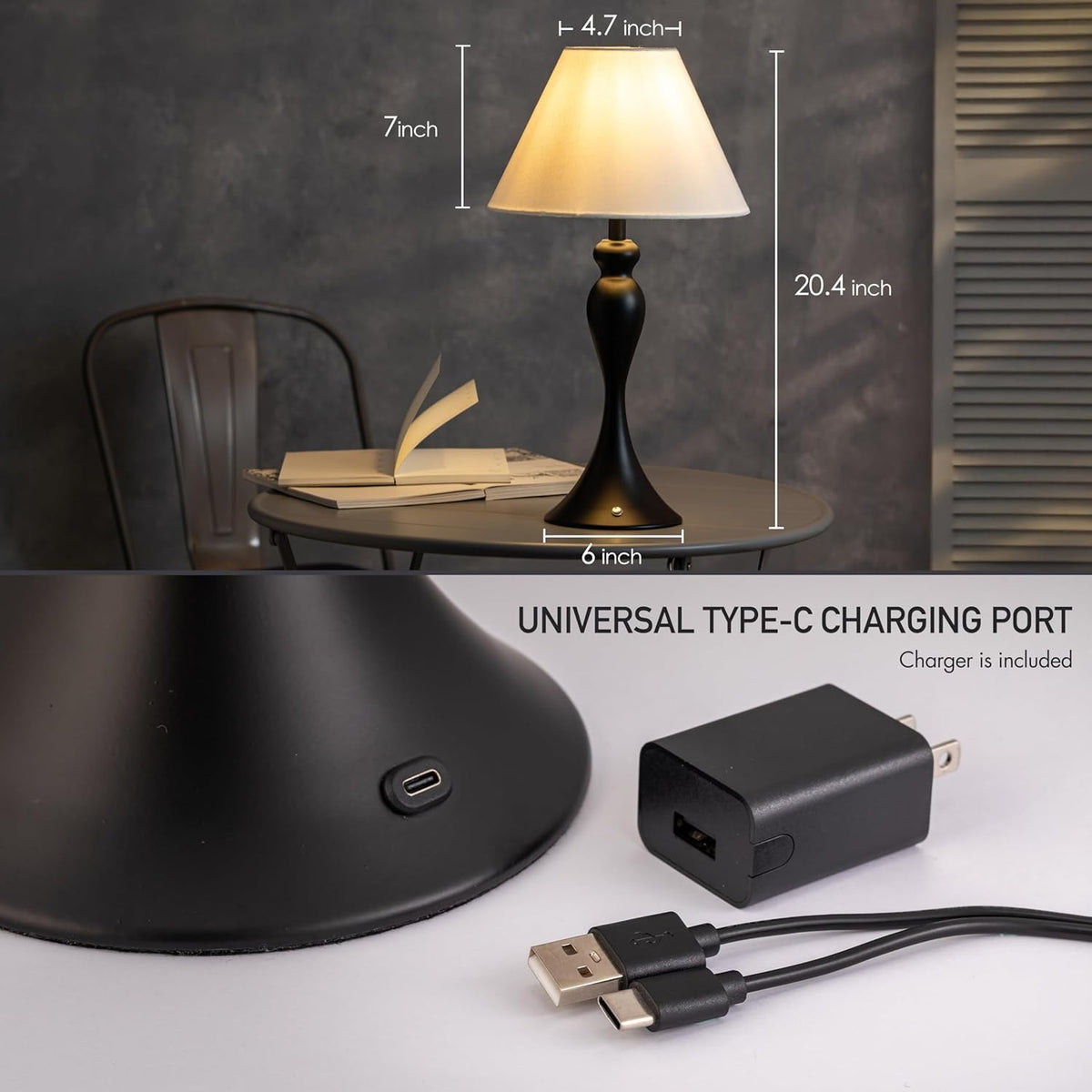 Cordless Table Lamp Rechargeable Touch Dimmable Black