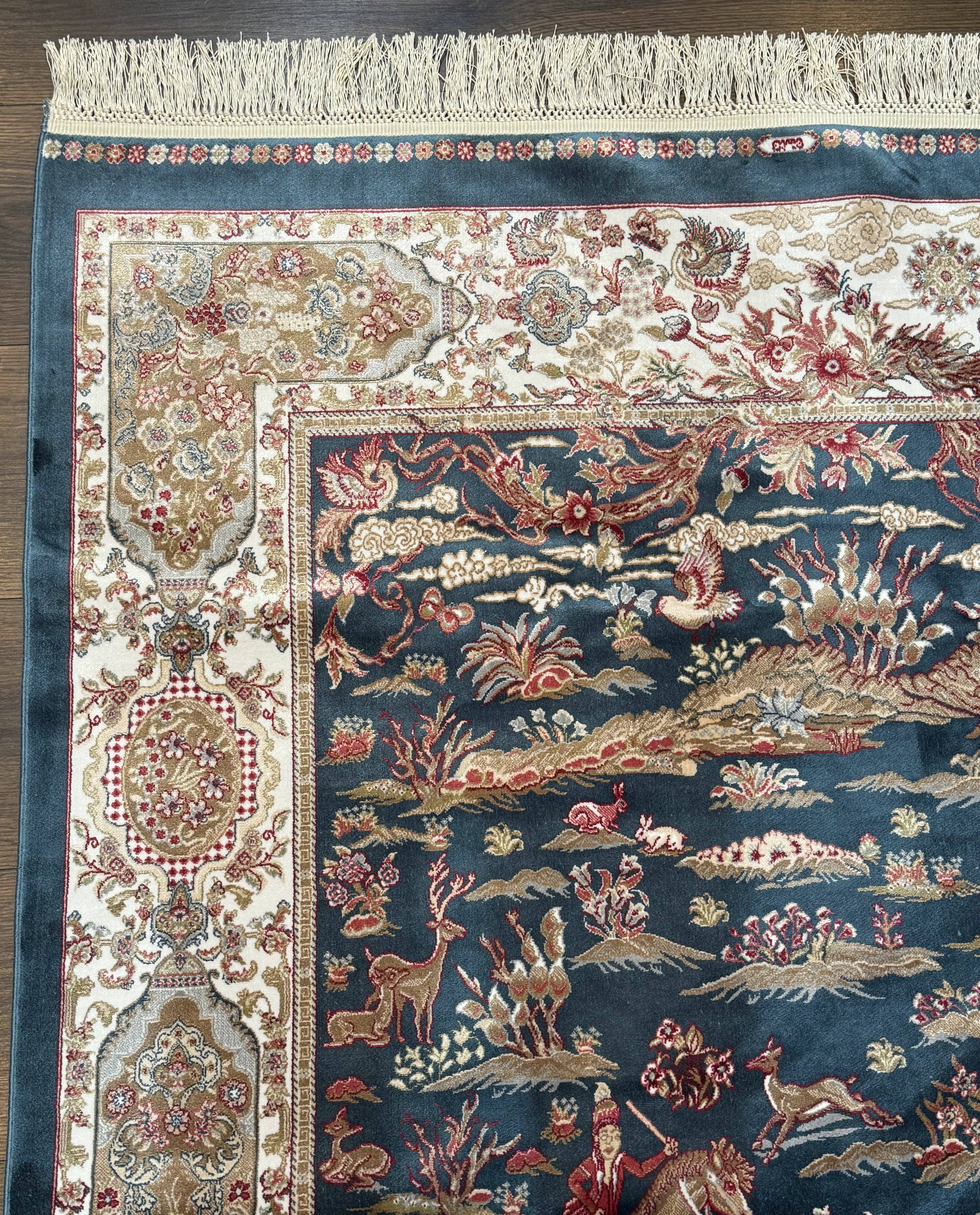 Turkish Silk Hunting Design Rug 4x6, Dark Steel Blue & Ivory, Bamboo Silk, New