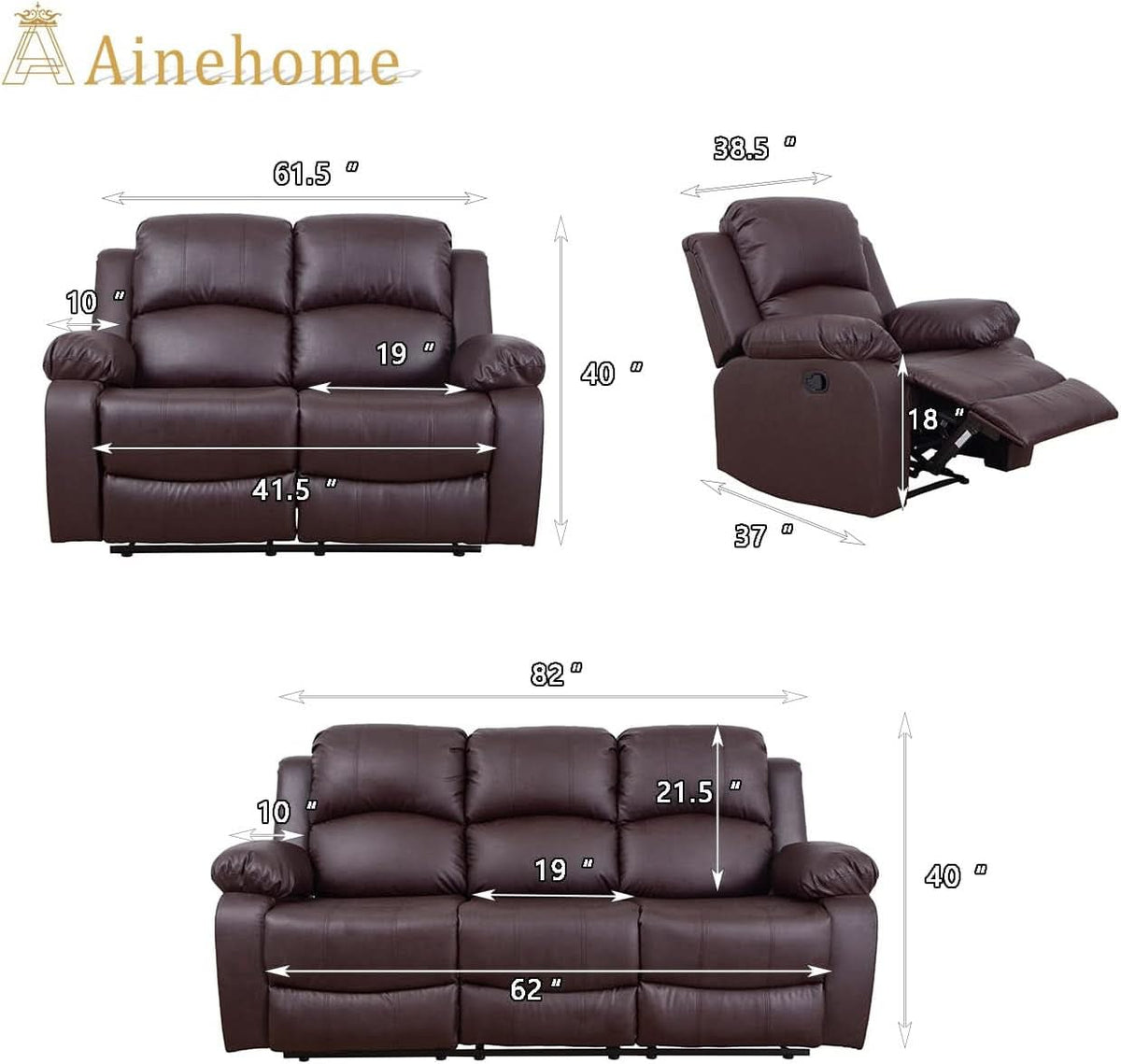 Luxurious Brown Leather 3-Piece Recliner Sofa Living Room Furniture Set