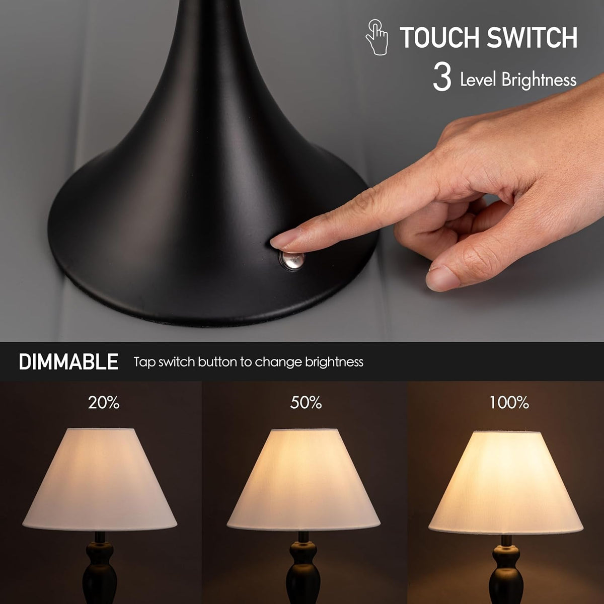 Cordless Table Lamp Rechargeable Touch Dimmable Black