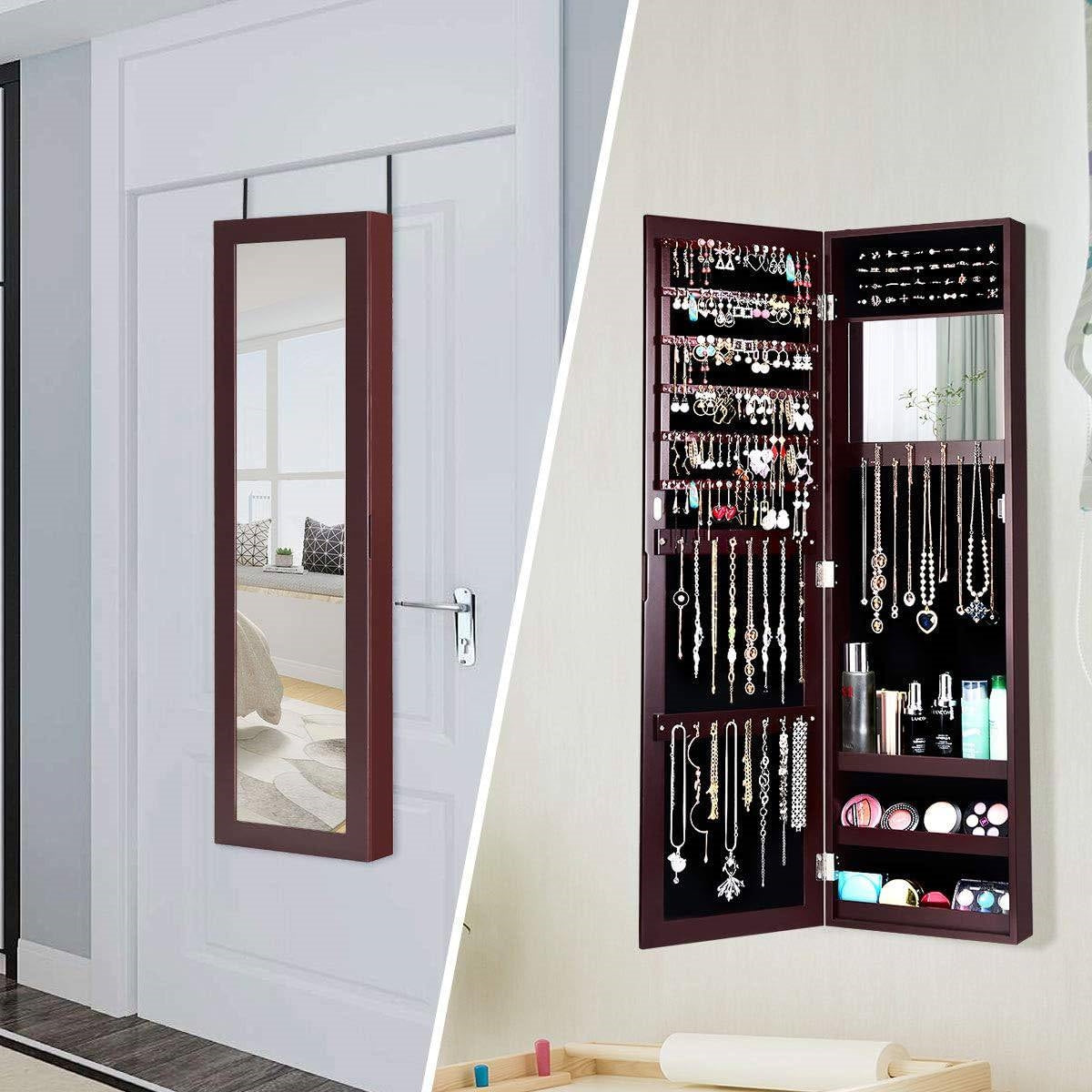 2-in-1 Dark Brown Wall & Door Mounted Jewelry Armoire with Full Length Mirror