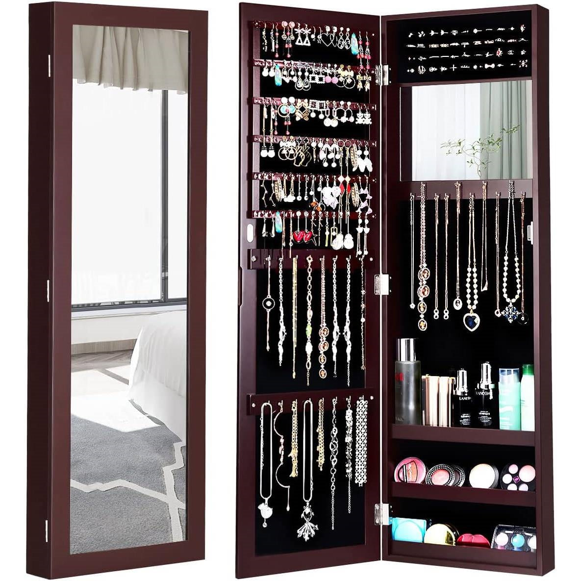 2-in-1 Dark Brown Wall & Door Mounted Jewelry Armoire with Full Length Mirror