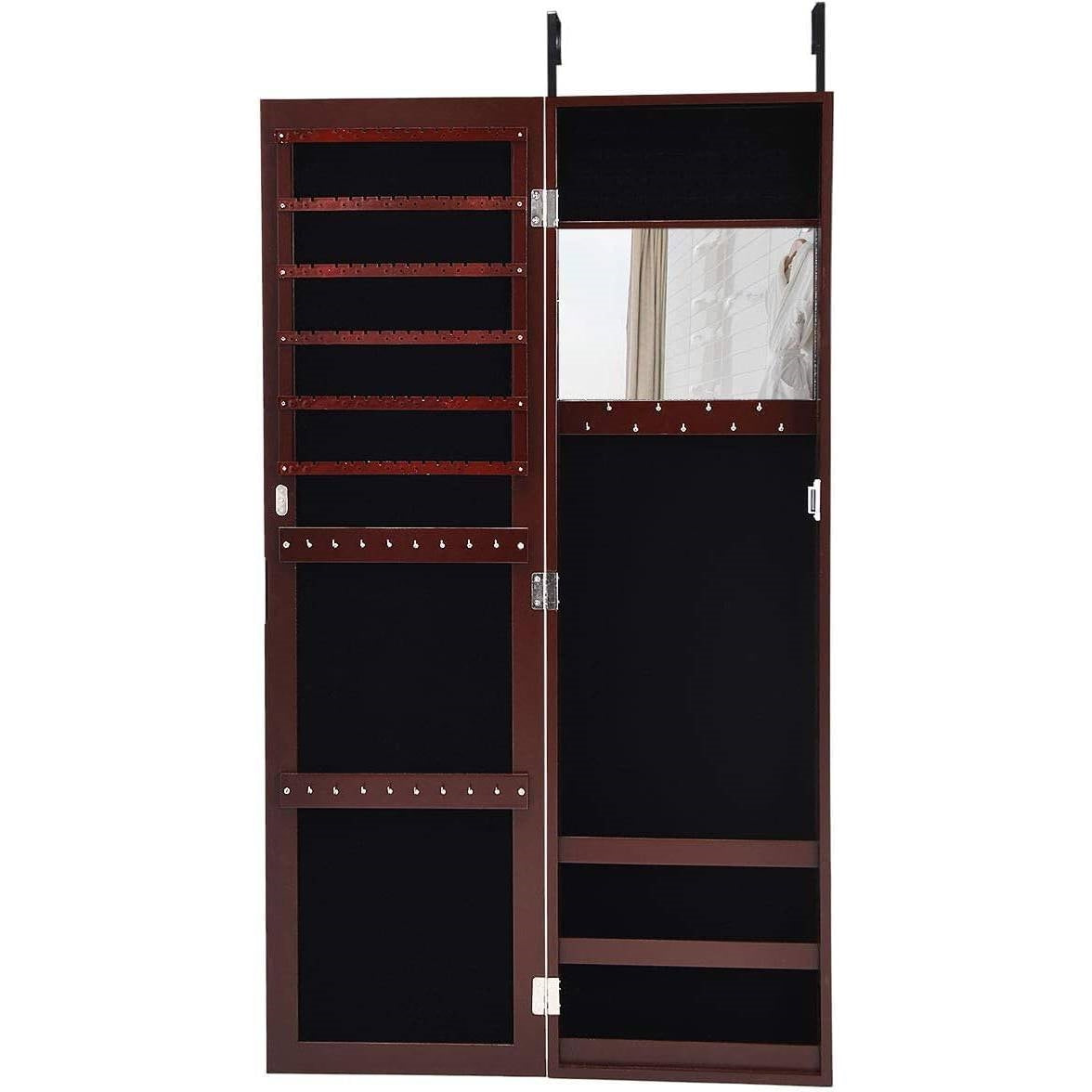 2-in-1 Dark Brown Wall & Door Mounted Jewelry Armoire with Full Length Mirror