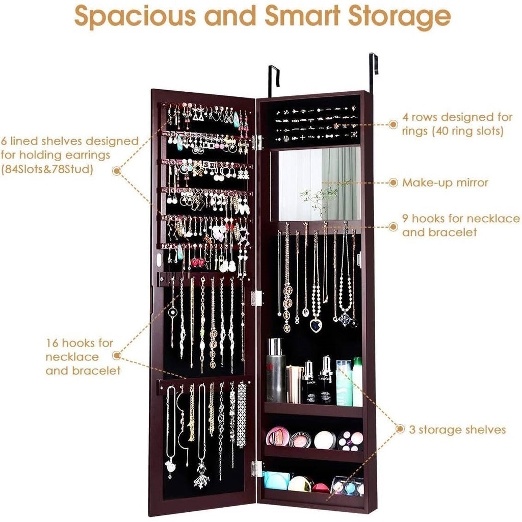 2-in-1 Dark Brown Wall & Door Mounted Jewelry Armoire with Full Length Mirror