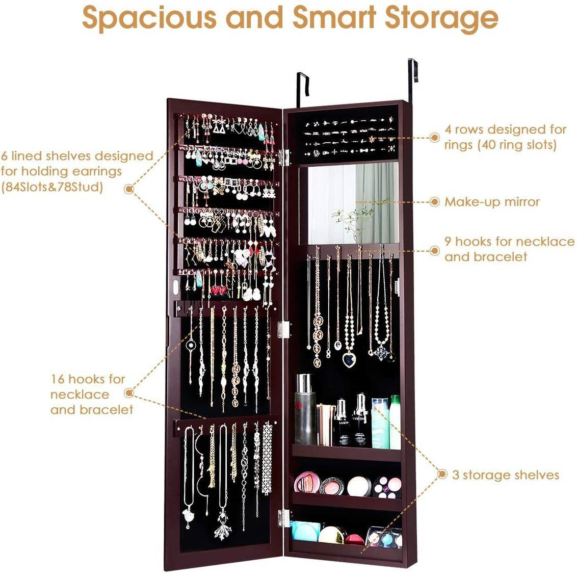 2-in-1 Dark Brown Wall & Door Mounted Jewelry Armoire with Full Length Mirror