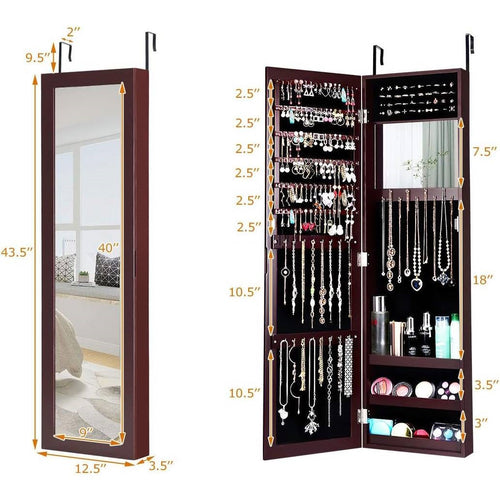 2-in-1 Dark Brown Wall & Door Mounted Jewelry Armoire with Full Length Mirror