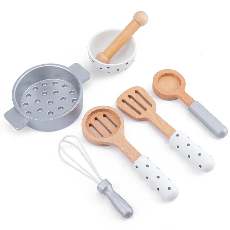 Kids Wooden Play Kitchen Utensils Set - Pretend Cooking Toys
