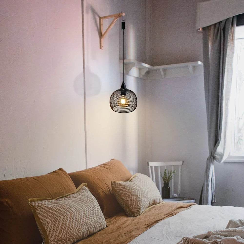 JHY DESIGN 8.5" Battery Powered Hanging Lamp – Vintage Metal Cage Lantern with Edison Bulb