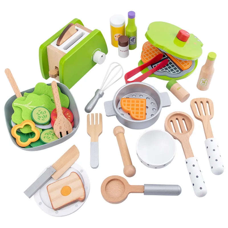 Kids Wooden Play Kitchen Utensils Set - Pretend Cooking Toys