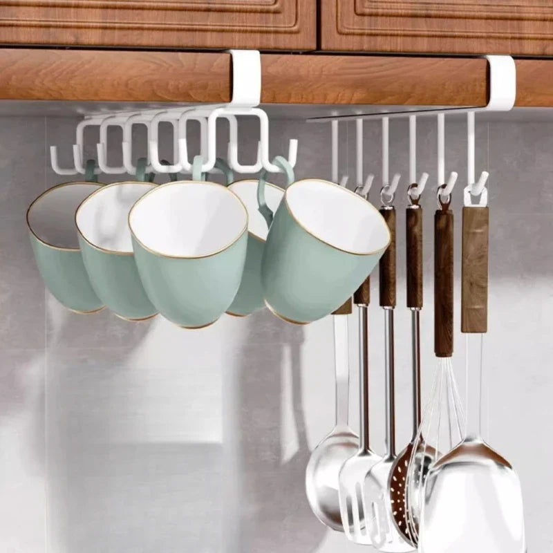 Household Kitchen Cabinet Bottom Shelf Hanging Hook, Non Perforated Cloth Rack, 6-Hook Organizing Rack, Spatula Hanging Rack