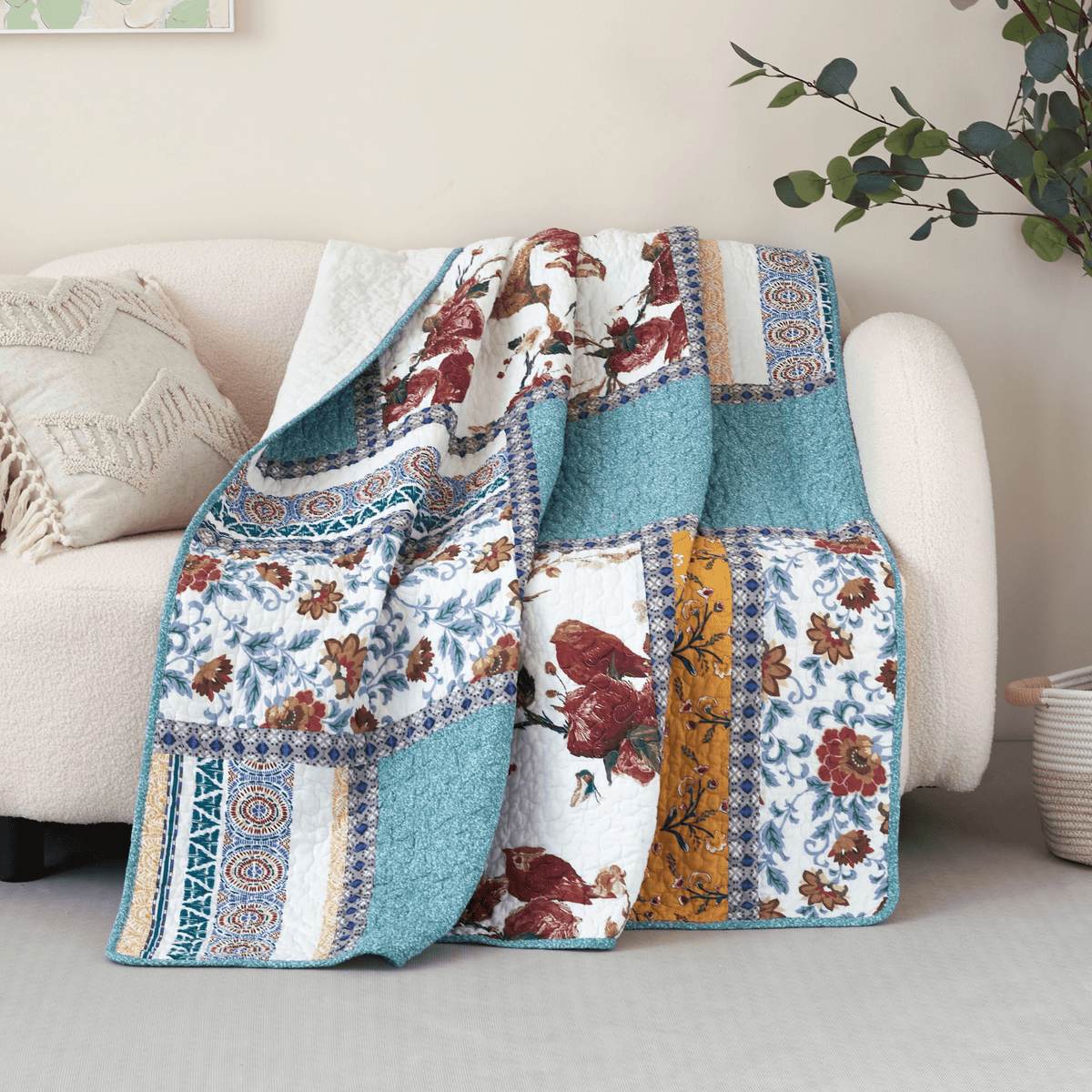Tache Cotton Patchwork Old World Garden Quilted Throw Blanket