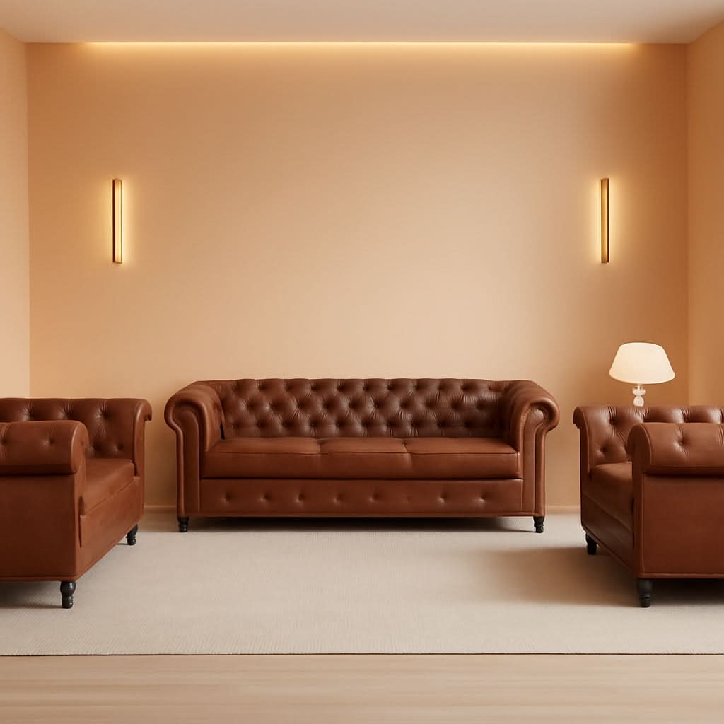 Classic 3-Piece Chesterfield Faux Leather Sofa Set with Rolled Arms and Nailhead Trim