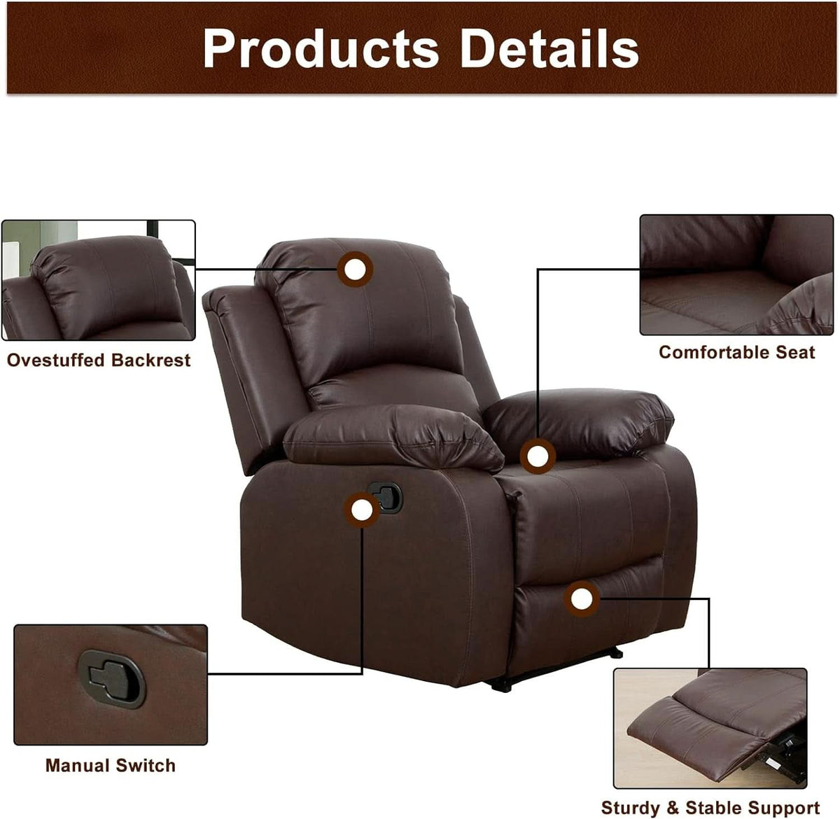 Luxurious Brown Leather 3-Piece Recliner Sofa Living Room Furniture Set