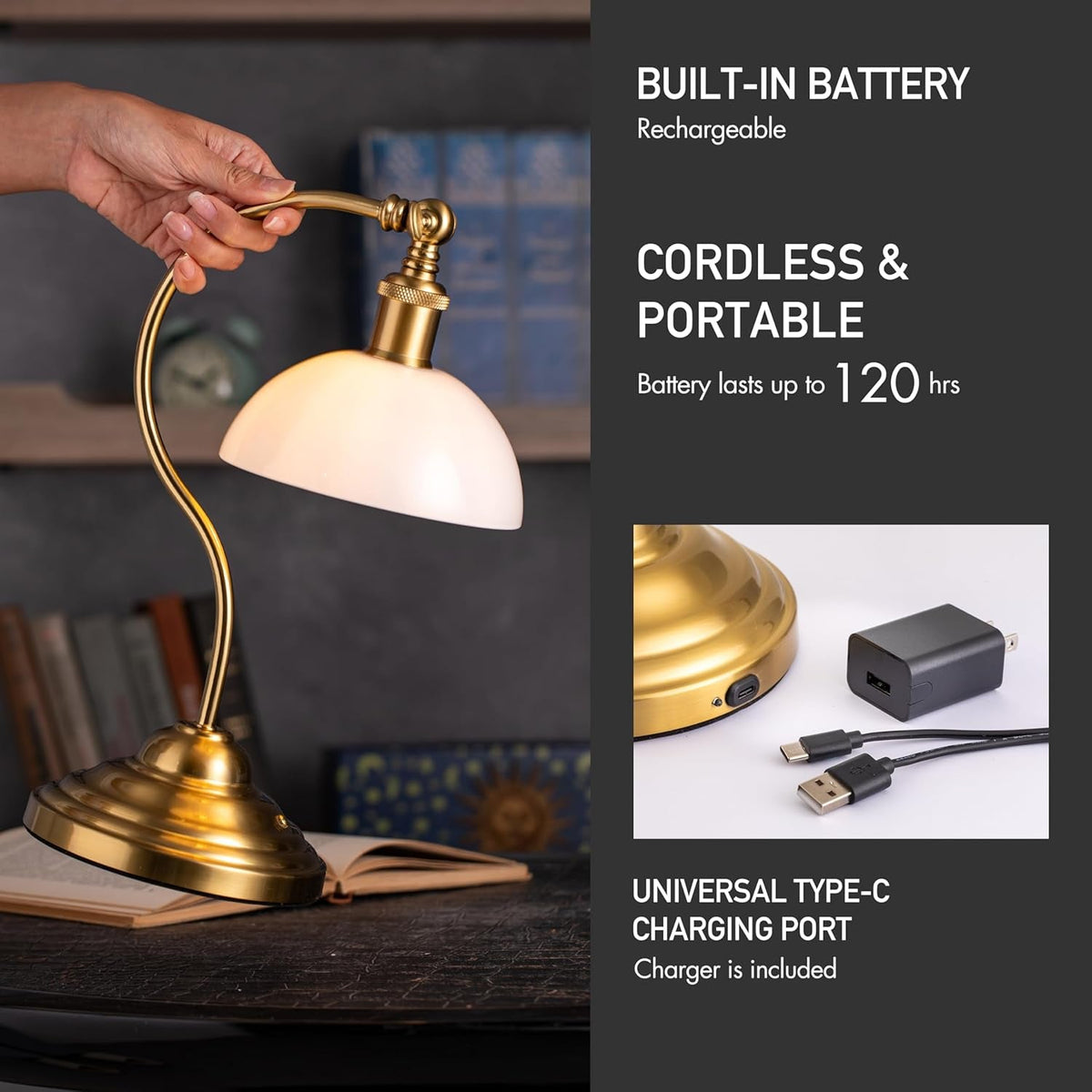 Cordless LED Table Lamp Antique Brass Rechargeable