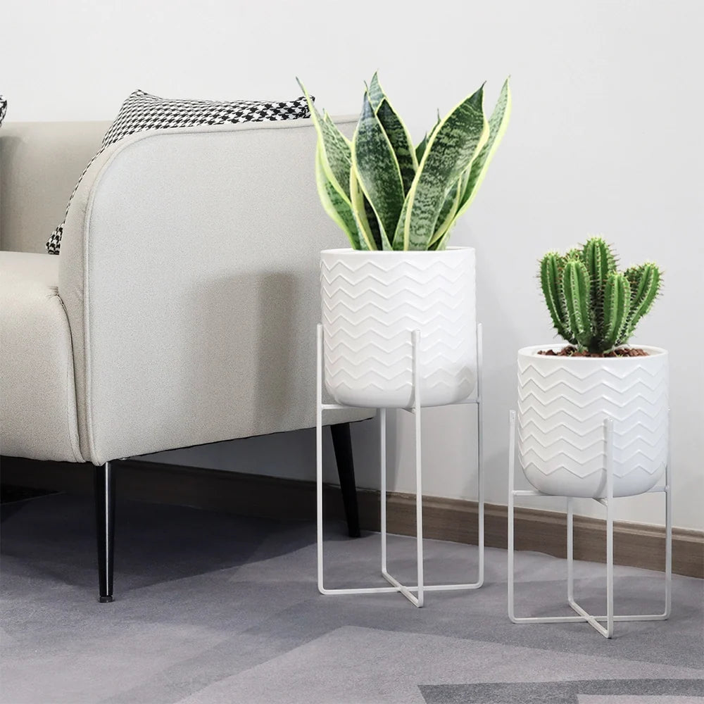 JHY DESIGN Metal Planters with Stands, Set of 2 (17" & 12", Bright White) – Modern Indoor Plant Pots