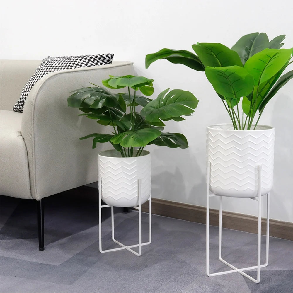 JHY DESIGN Metal Planters with Stands, Set of 2 (17" & 12", Bright White) – Modern Indoor Plant Pots