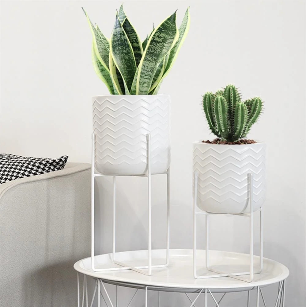 JHY DESIGN Metal Planters with Stands, Set of 2 (17" & 12", Bright White) – Modern Indoor Plant Pots