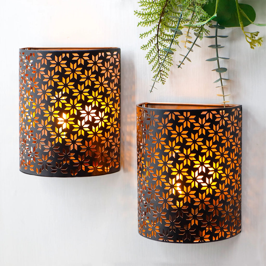 Set of 2 Vintage Industrial Wall Sconce Lamps (Snowflake Cutout)