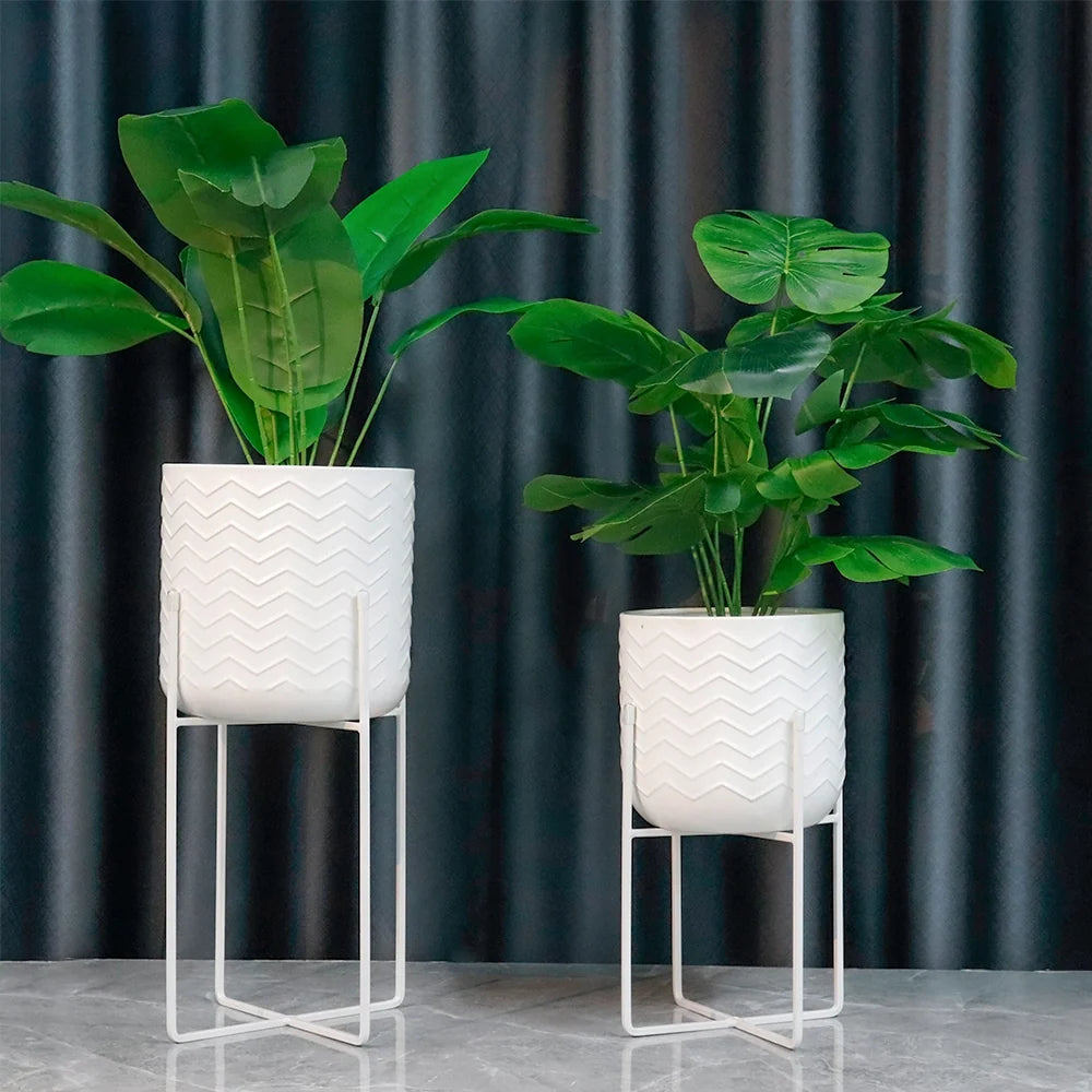 JHY DESIGN Metal Planters with Stands, Set of 2 (17" & 12", Bright White) – Modern Indoor Plant Pots